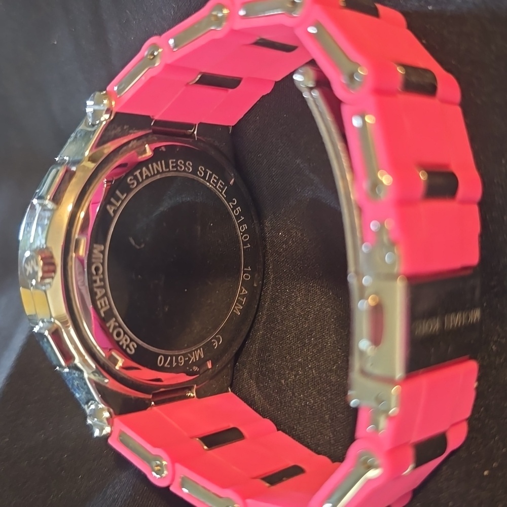 Michael Kors Vibrant Pink and Silver Chronograph Watch Silicone/ Metal Small - Picture 7 of 12